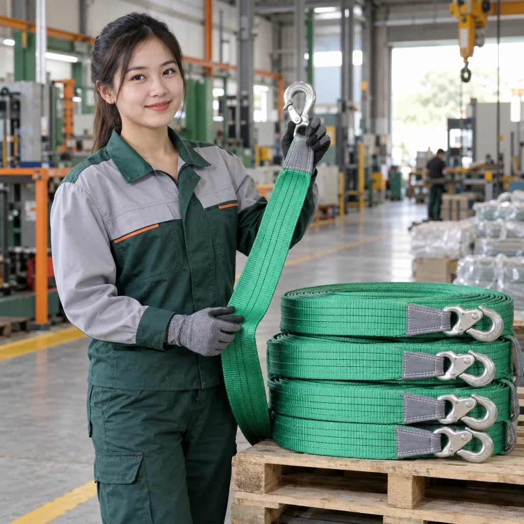 Cáp vải cẩu hàng dây polyester cường lực màu xanh móc nhỏ gọn nhẹ