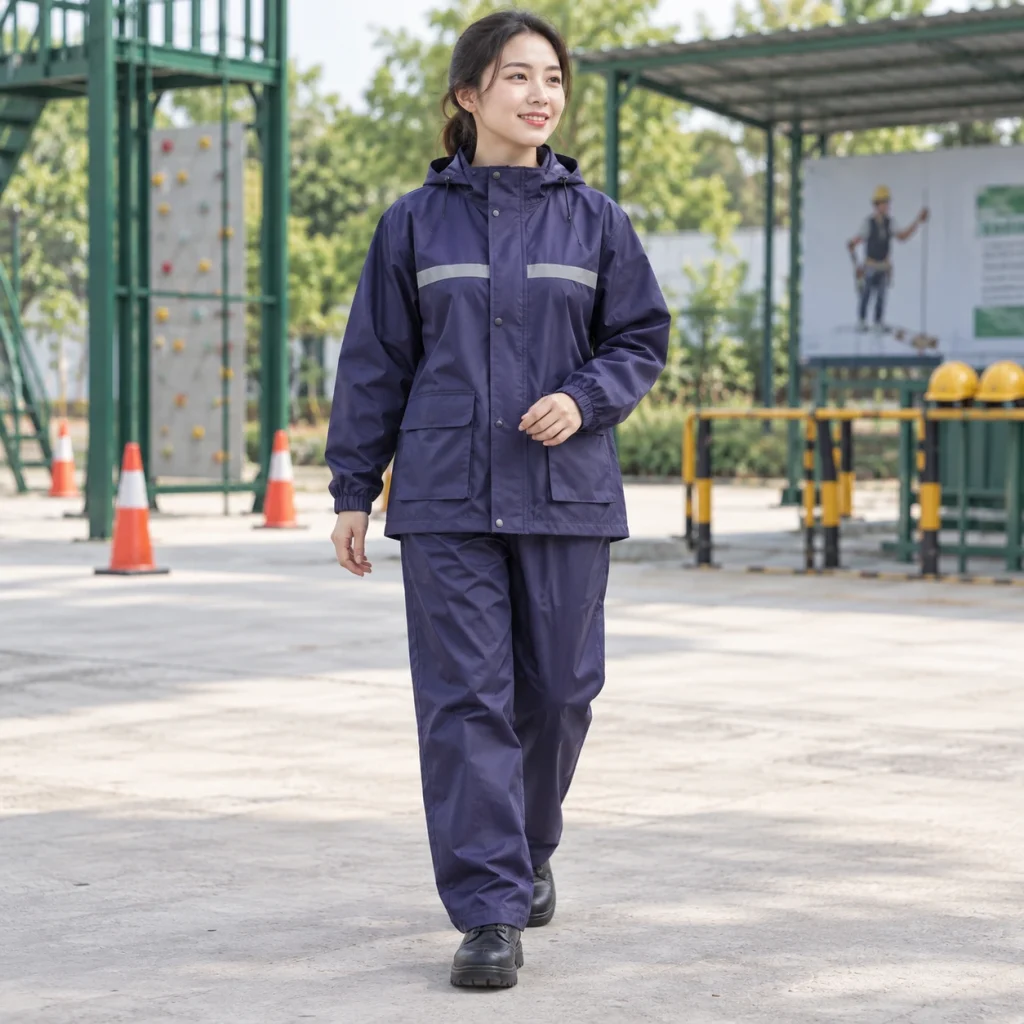Bộ quần áo mưa vải cotton pha màu tím than dài tay túi hộp
