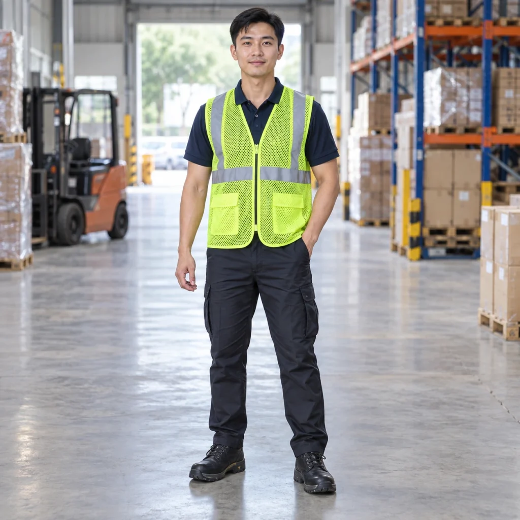 Áo gile phản quang lưới mắt lớn màu vàng chanh khóa kéo trước