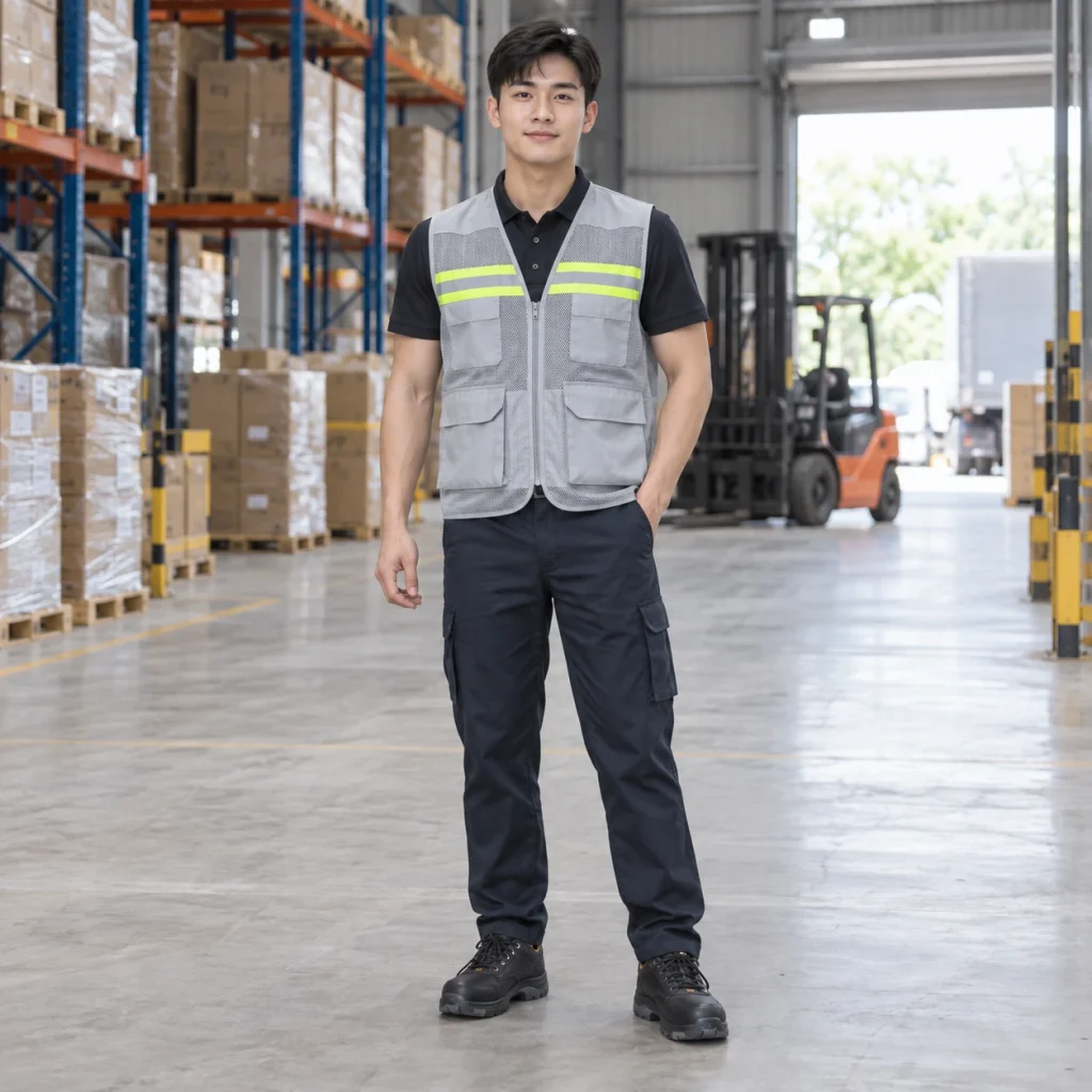 Áo gile phản quang lưới polyester màu ghi khóa kéo trước