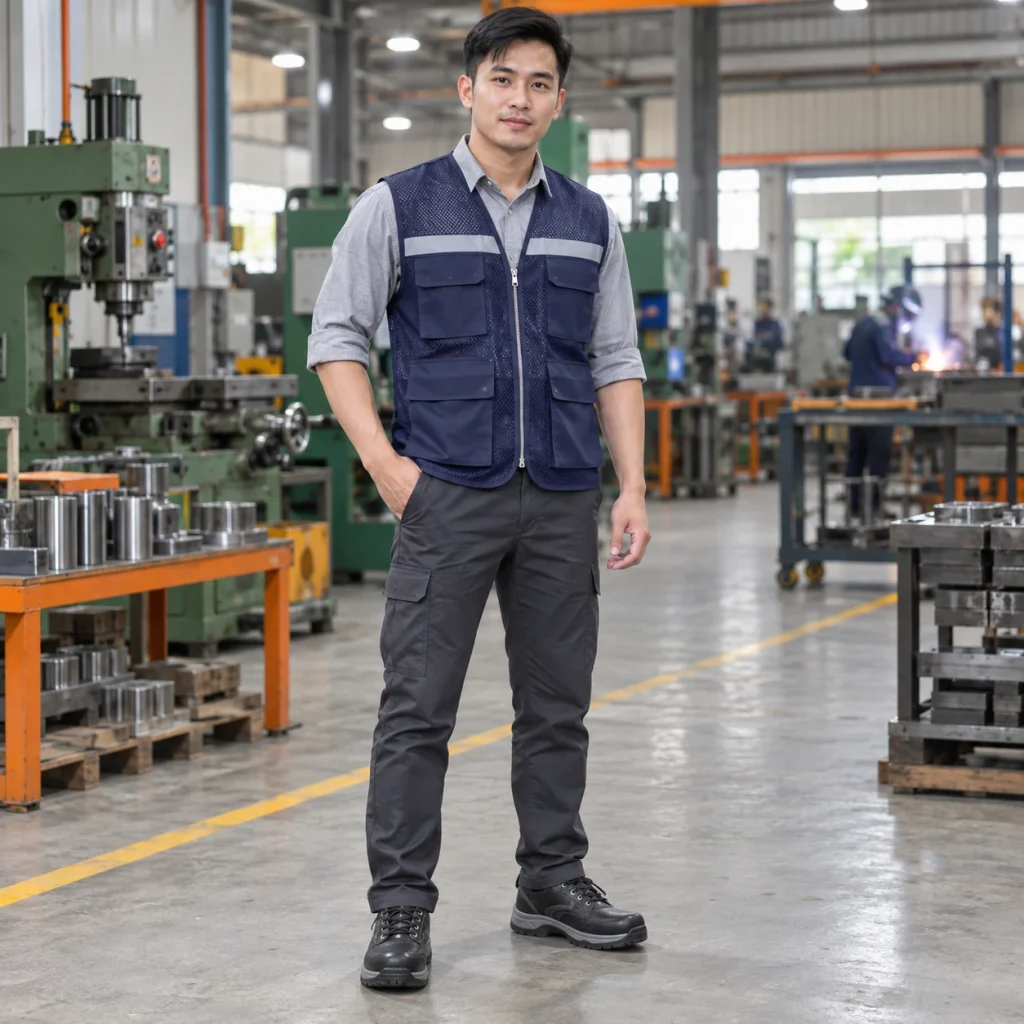 Áo gile bảo hộ lưới polyester màu tím than khóa kéo trước