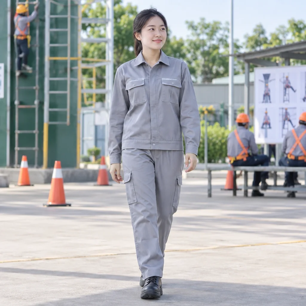Áo bảo hộ công nhân vải canvas mềm màu ghi dài tay túi hộp