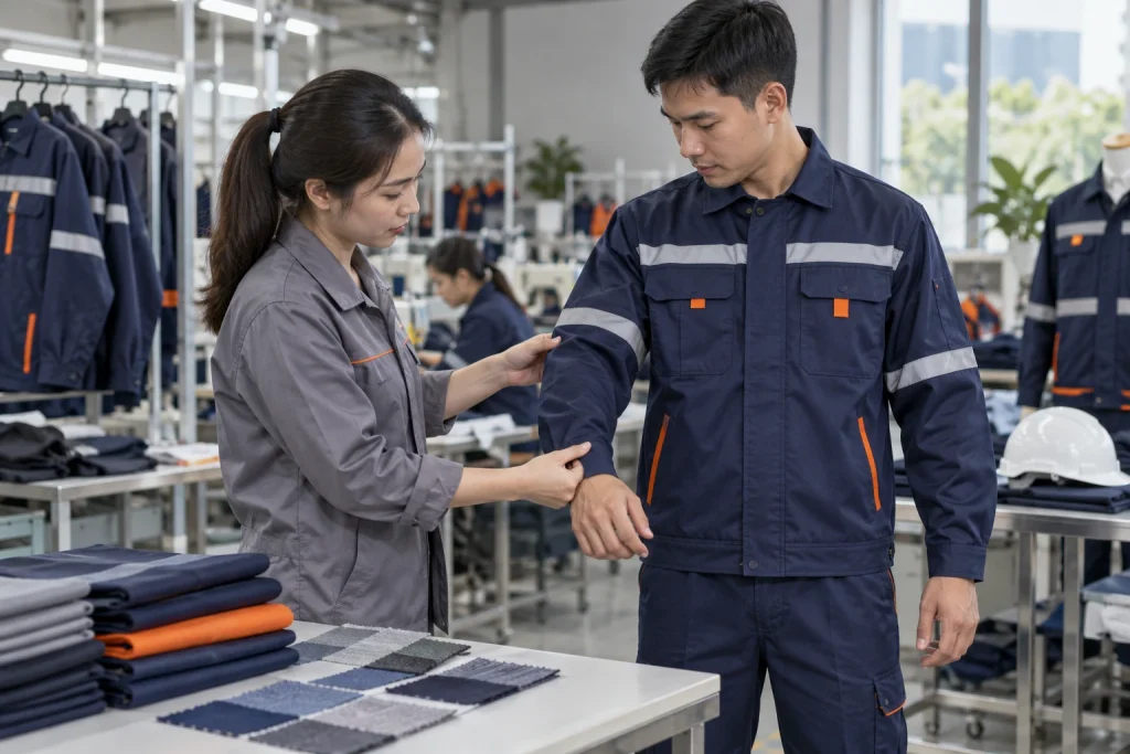 Chuyên viên kiểm tra đường may và độ vừa vặn của quần áo bảo hộ lao động