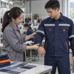 Chuyên viên kiểm tra đường may và độ vừa vặn của quần áo bảo hộ lao động