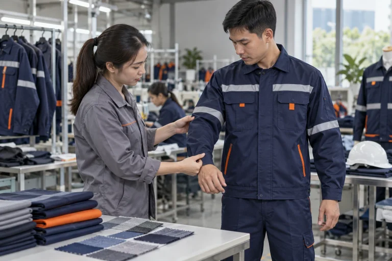 Chuyên viên kiểm tra đường may và độ vừa vặn của quần áo bảo hộ lao động