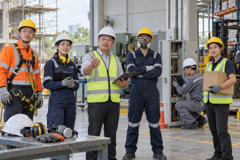 Người lao động Việt Nam sử dụng trang bị bảo hộ phù hợp trong nhà máy và công trường