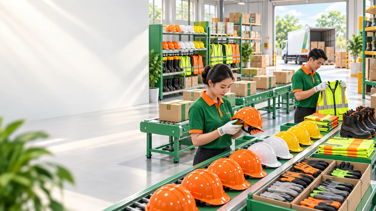 Nhân viên kiểm tra mũ, găng tay và trang phục bảo hộ tại trung tâm phân phối