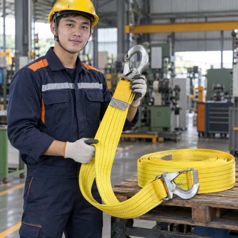 Cáp vải cẩu hàng sợi dệt bản rộng màu vàng móc lớn khóa kép