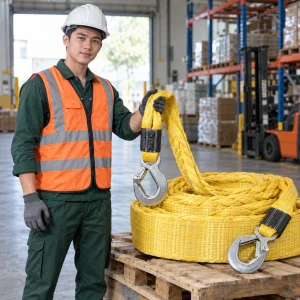 Cáp vải cẩu hàng dây bện chống mài mòn màu vàng móc lớn khóa kép