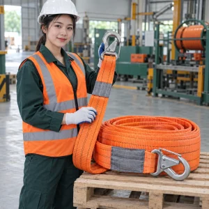 Cáp vải cẩu hàng dây polyester cường lực màu cam móc lớn khóa kép