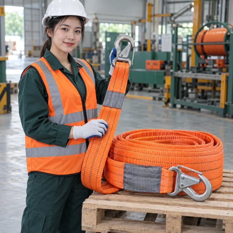 Cáp vải cẩu hàng dây polyester cường lực màu cam móc lớn khóa kép