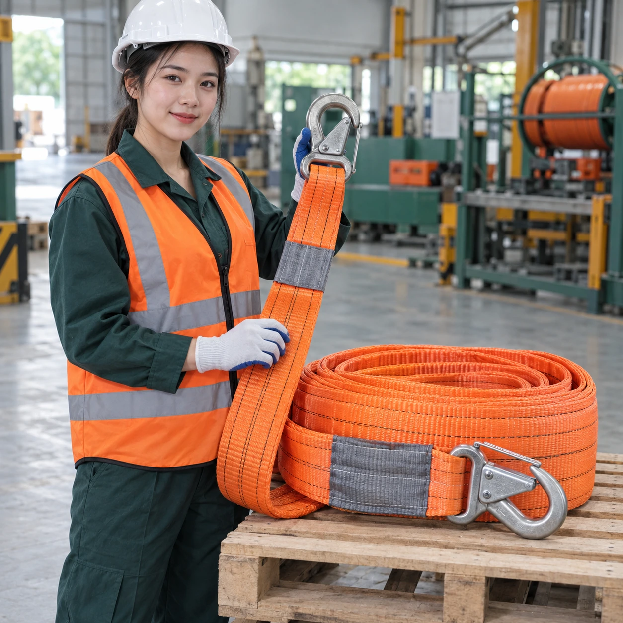 Cáp vải cẩu hàng dây polyester cường lực màu cam móc lớn khóa kép