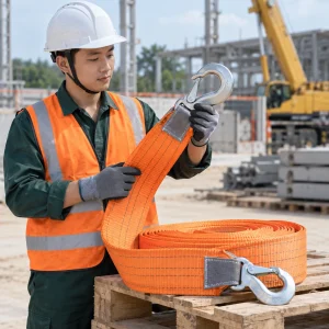 Cáp vải cẩu hàng sợi dệt bản rộng màu cam móc lớn khóa kép
