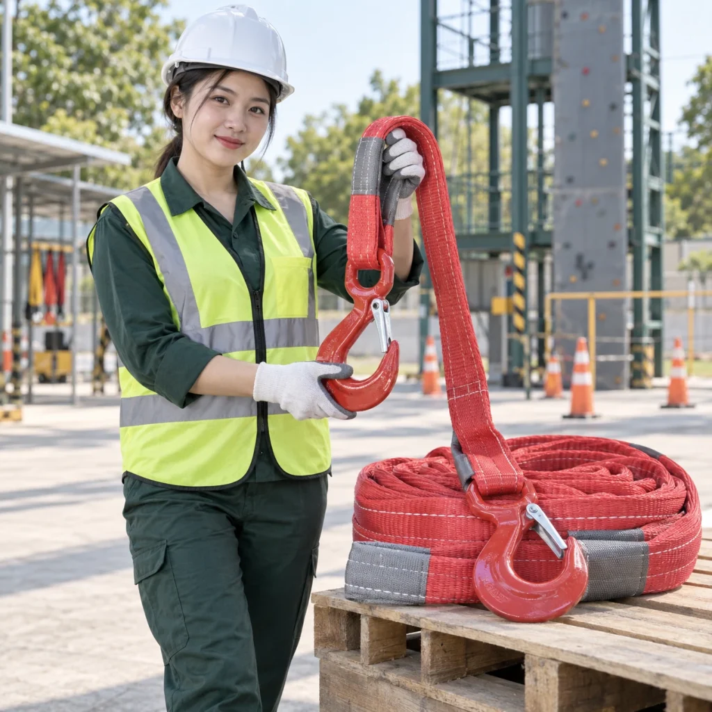 Cáp vải cẩu hàng dây polyester cường lực màu đỏ móc lớn khóa kép