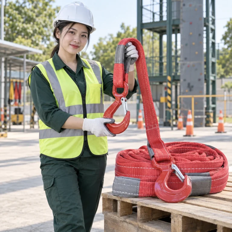 Cáp vải cẩu hàng dây polyester cường lực màu đỏ móc lớn khóa kép