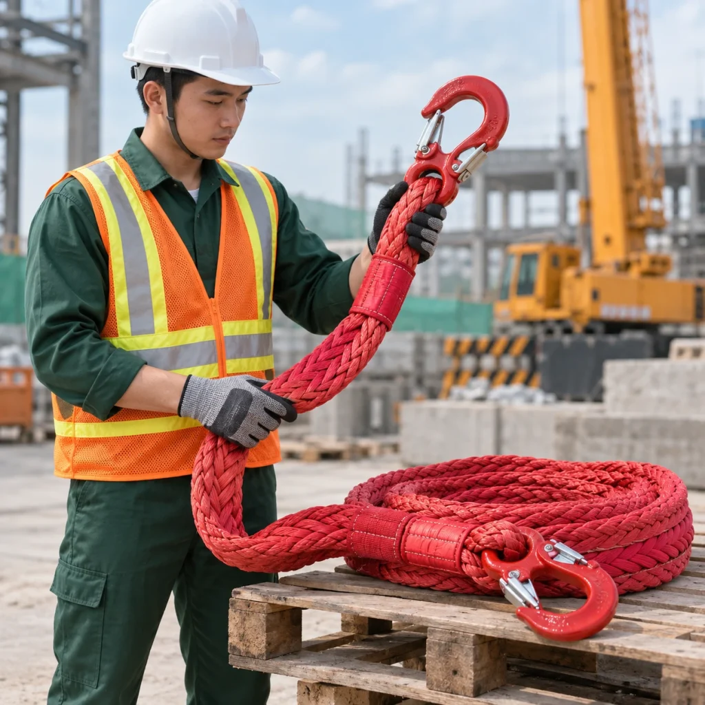 Cáp vải cẩu hàng dây bện chống mài mòn màu đỏ móc lớn khóa kép