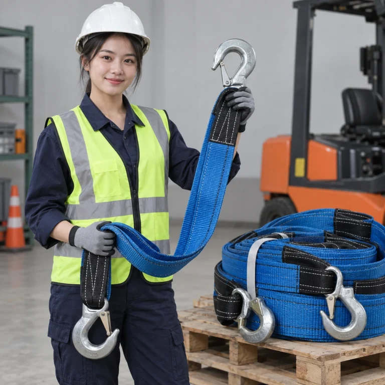 Cáp vải cẩu hàng dây polyester cường lực màu xanh phối đen móc lớn khóa kép