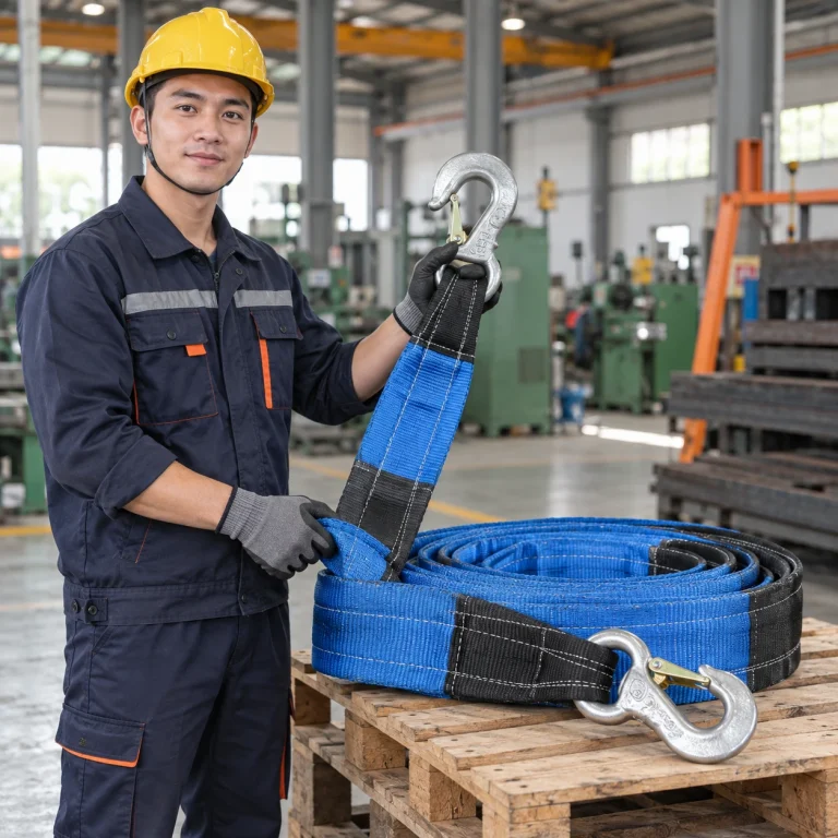 Cáp vải cẩu hàng sợi dệt bản rộng màu xanh phối đen móc lớn khóa kép