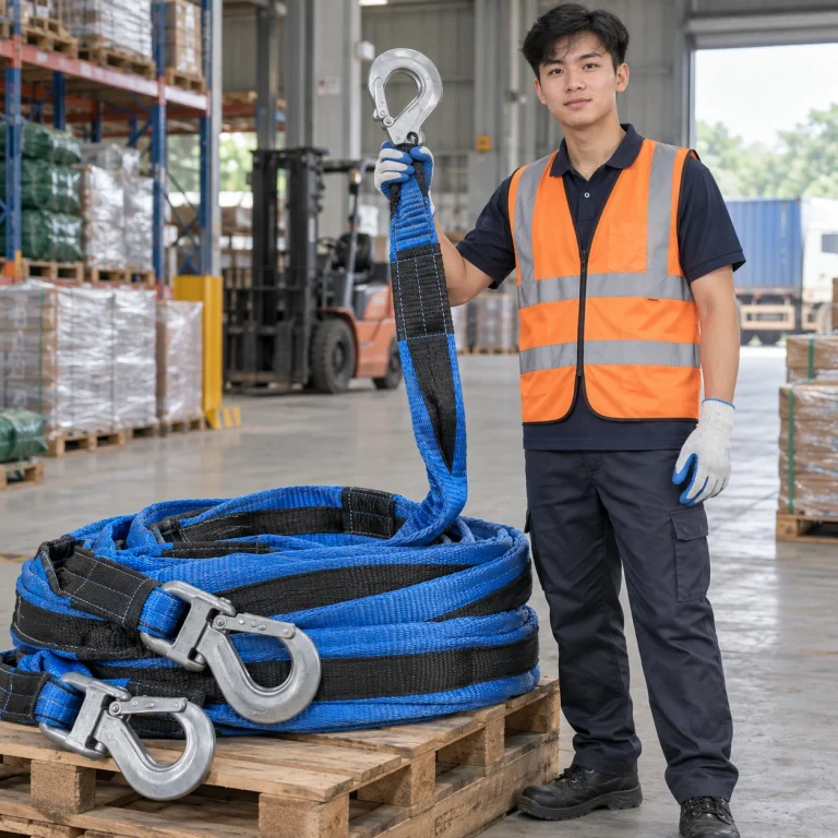 Cáp vải cẩu hàng dây bện chống mài mòn màu xanh phối đen móc lớn khóa kép