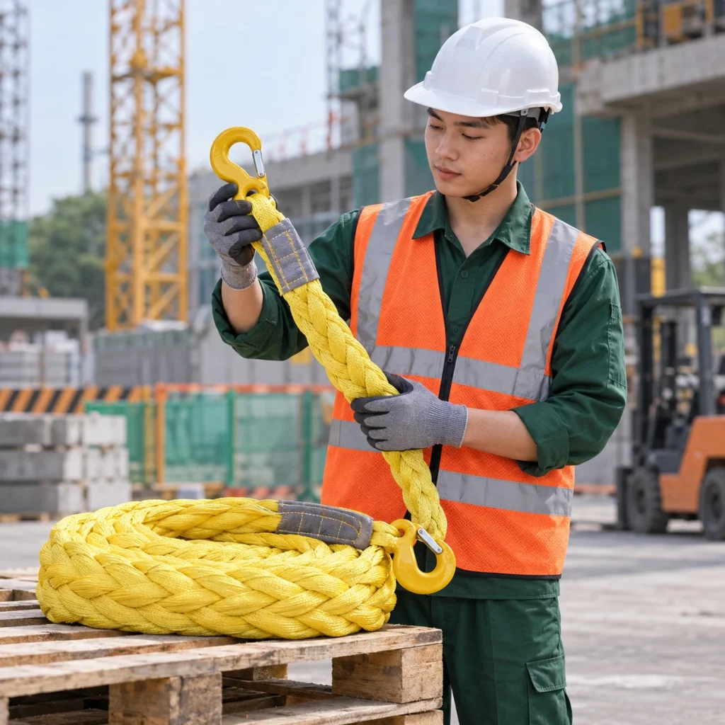 Cáp vải cẩu hàng dây bện chống mài mòn màu vàng móc nhỏ gọn nhẹ