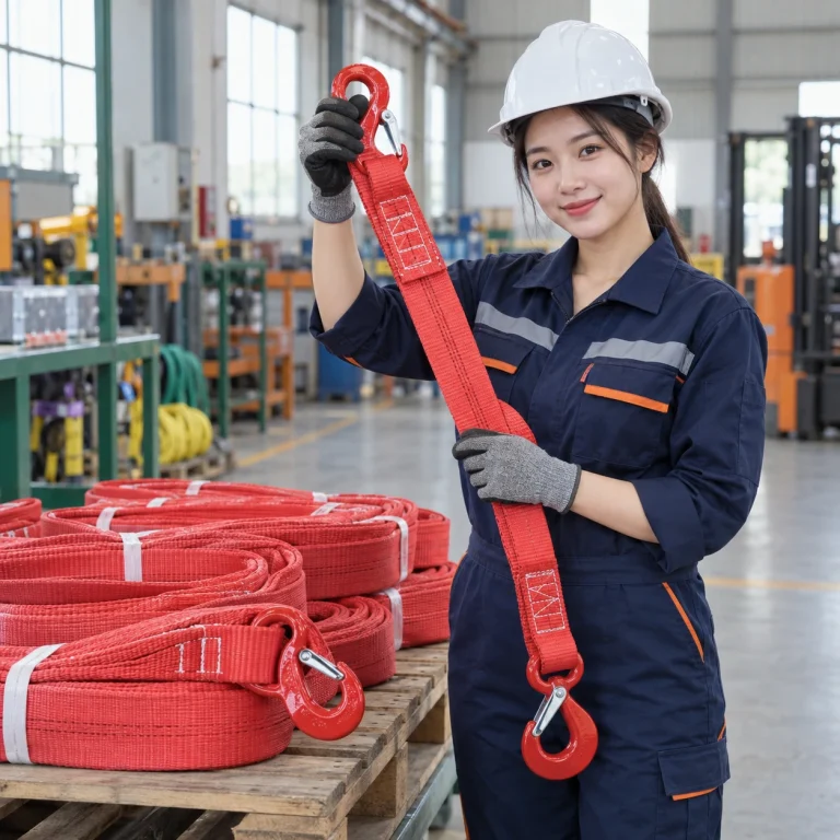 Cáp vải cẩu hàng dây polyester cường lực màu đỏ móc nhỏ gọn nhẹ