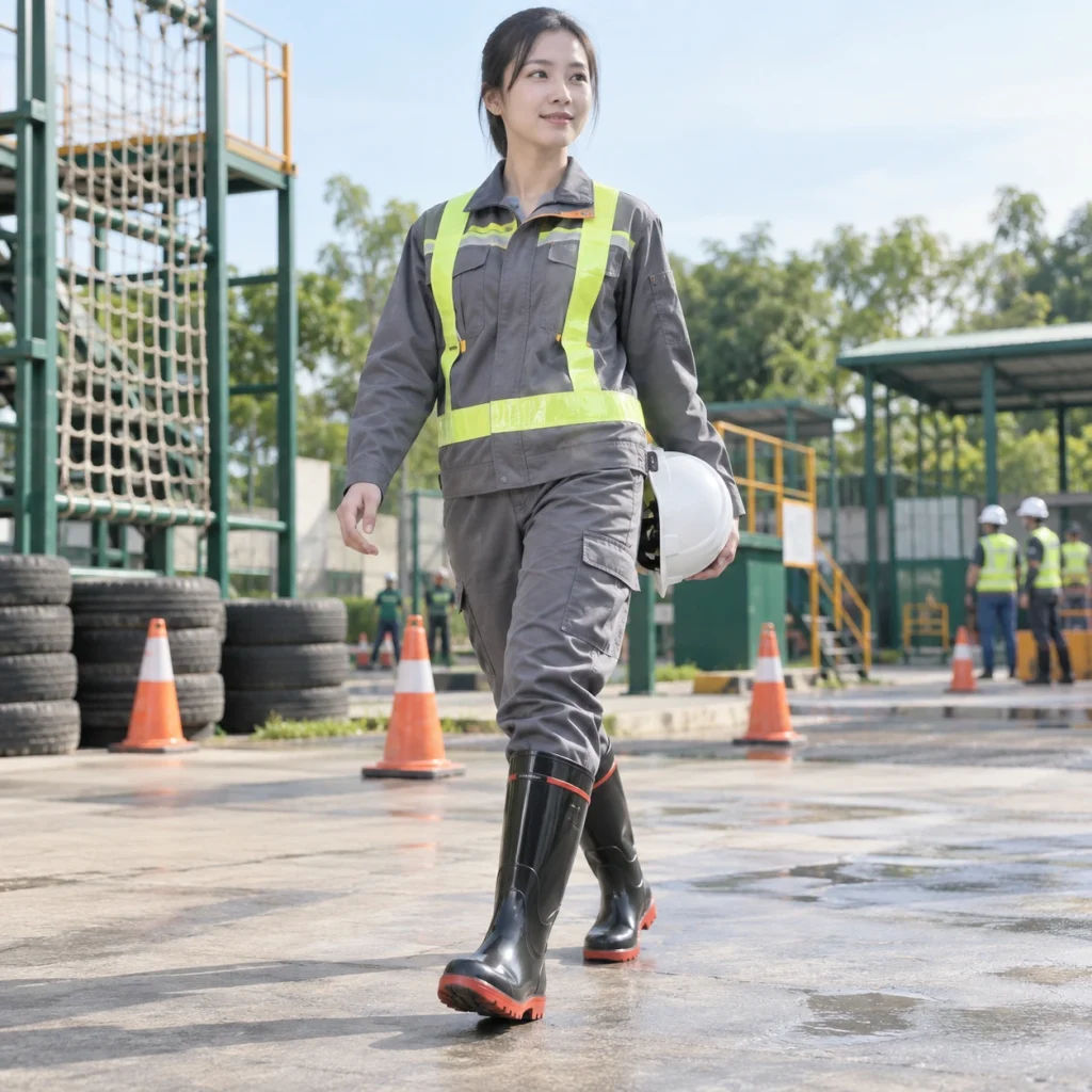 Ủng cao su bảo hộ cao su chống dầu màu đen phối đỏ mũi thép