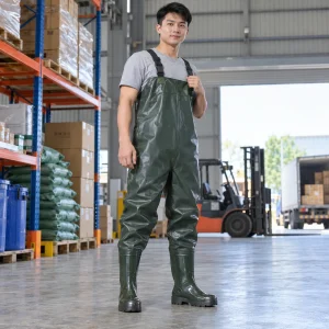 Ủng lội nước liền quần nhựa PVC dẻo màu xanh rêu mũi thép