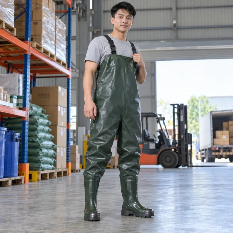 Ủng lội nước liền quần nhựa PVC dẻo màu xanh rêu mũi thép