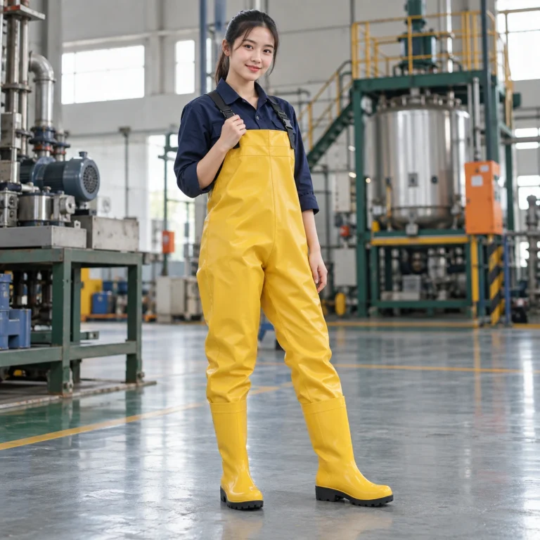 Ủng lội nước liền quần cao su chống dầu màu vàng mũi thép