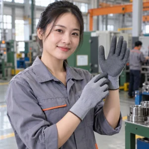 Găng tay vải sợi polyester màu xám phủ lòng bàn tay