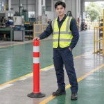 Cọc tiêu giao thông cao su đàn hồi màu đỏ trắng dải phản quang kép