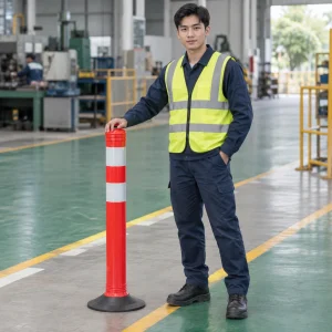Cọc tiêu giao thông cao su đàn hồi màu đỏ trắng dải phản quang kép