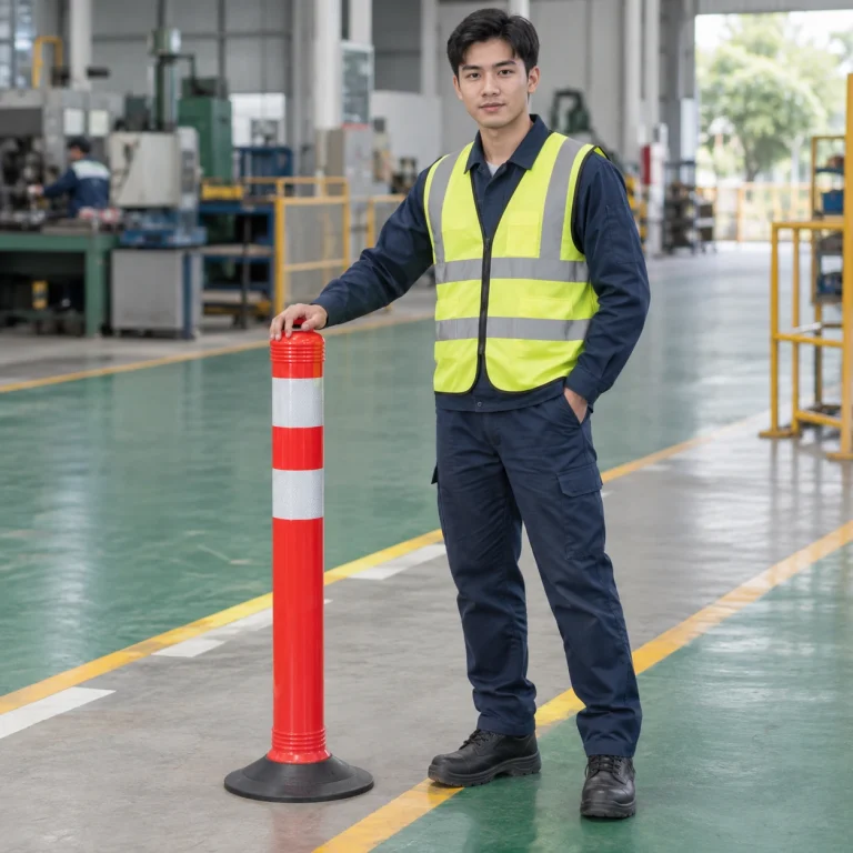 Cọc tiêu giao thông cao su đàn hồi màu đỏ trắng dải phản quang kép