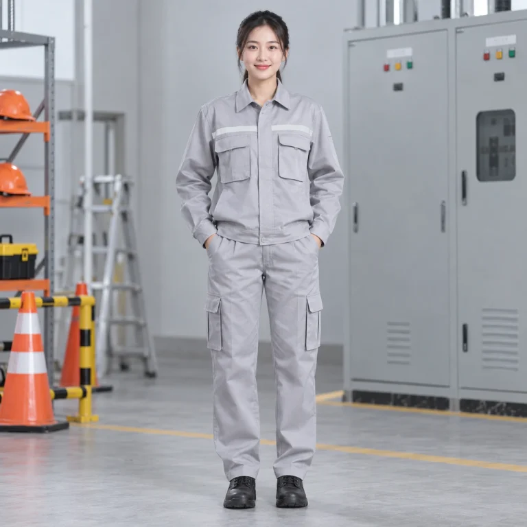 Quần áo điện lực vải chéo bền màu màu ghi sáng dài tay túi hộp