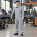 Quần áo bảo hộ thợ hàn vải chéo bền màu màu ghi sáng dài tay túi hộp