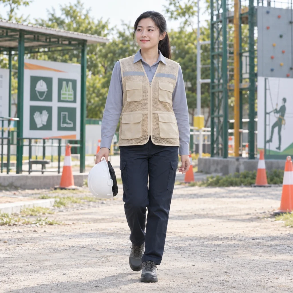 Áo gile bảo hộ lưới polyester màu be khóa kéo trước