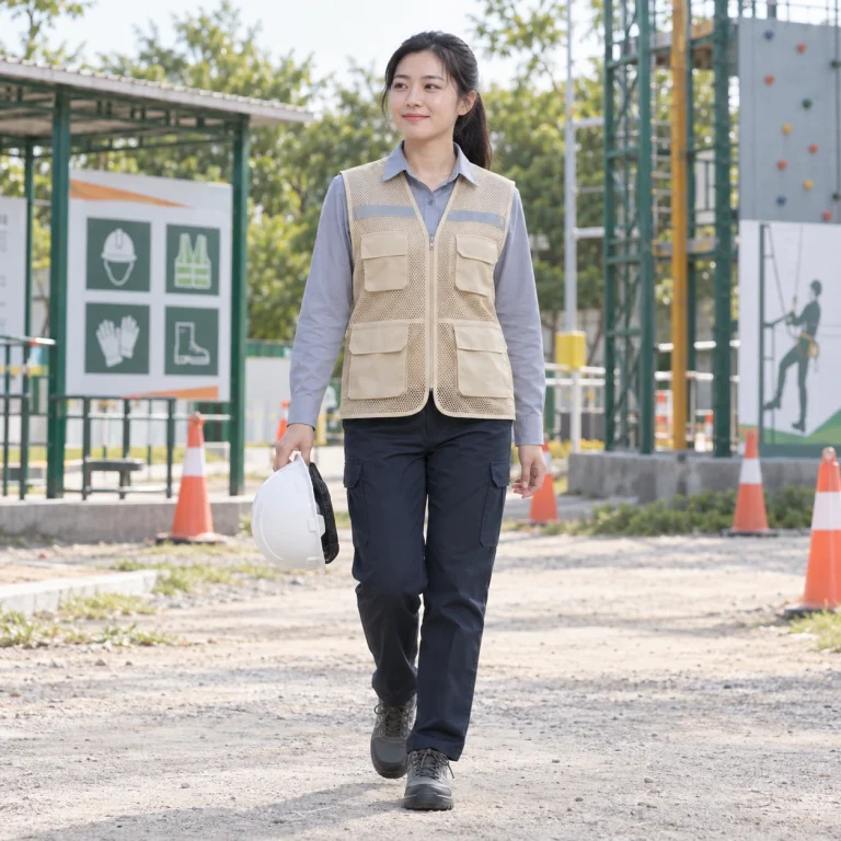Áo gile bảo hộ lưới polyester màu be khóa kéo trước