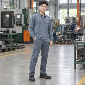 Áo phông đồng phục vải canvas mềm màu xanh ghi dài tay túi hộp