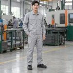 Quần áo bảo hộ may theo yêu cầu vải canvas mềm màu ghi sáng dài tay túi hộp