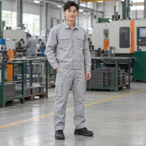 Quần áo bảo hộ may theo yêu cầu vải canvas mềm màu ghi sáng dài tay túi hộp