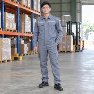 Quần áo bảo hộ cho kỹ sư vải canvas mềm màu xanh ghi dài tay túi hộp