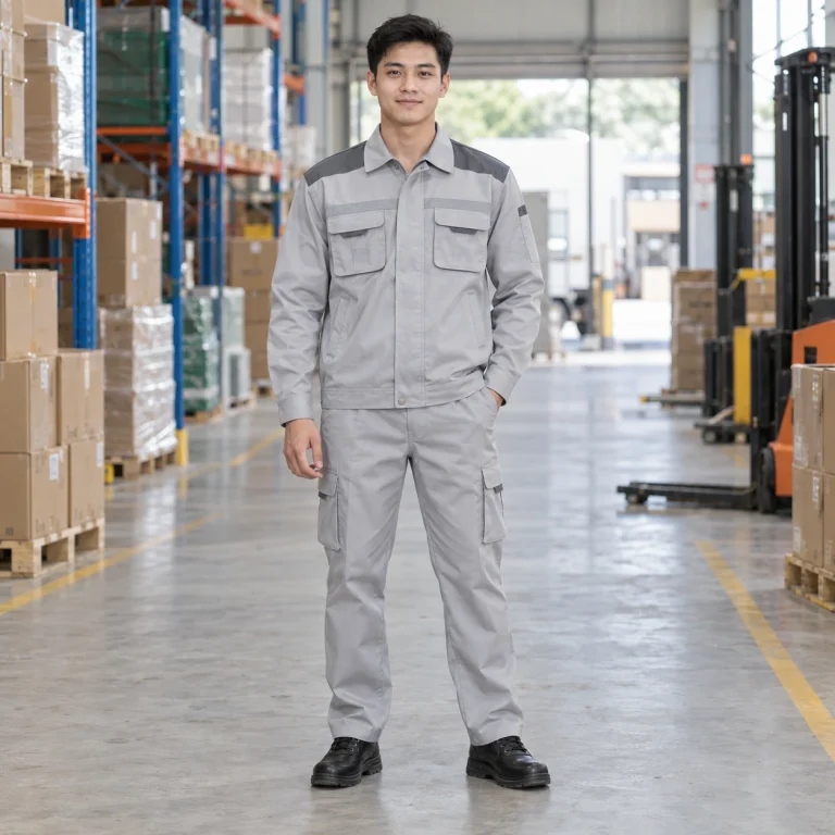 Quần áo bảo hộ cho kỹ sư vải canvas mềm màu ghi sáng phối vai hiện đại