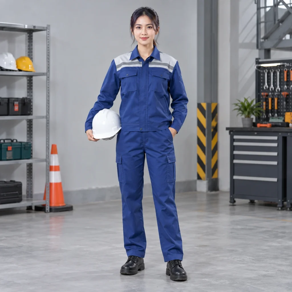Quần áo bảo hộ cho kỹ sư vải canvas mềm màu xanh biển phối vai hiện đại