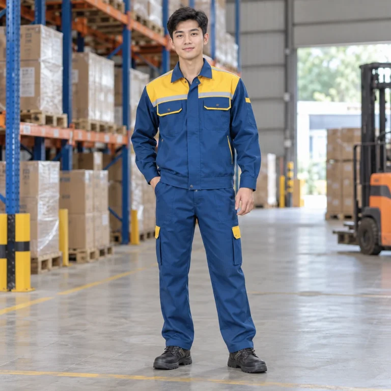 Quần áo bảo hộ cho kỹ sư vải canvas mềm màu xanh phối vàng phối vai hiện đại