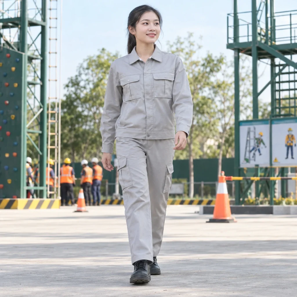 Bộ quần áo bảo hộ kaki cao cấp vải canvas mềm màu ghi sáng dài tay túi hộp