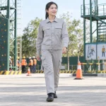 Bộ quần áo bảo hộ kaki cao cấp vải canvas mềm màu ghi sáng dài tay túi hộp