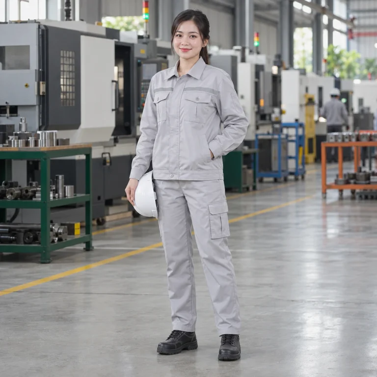 Bộ quần áo bảo hộ kaki cao cấp vải chéo bền màu màu ghi sáng dài tay túi hộp