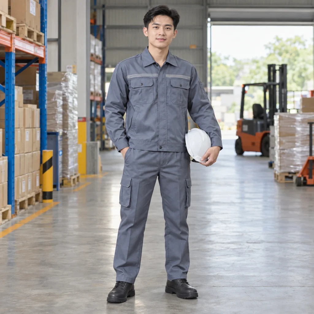 Bộ quần áo bảo hộ kaki cao cấp vải chéo bền màu màu xanh ghi dài tay túi hộp