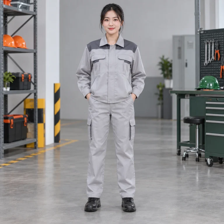Quần áo công nhân vải kaki liên doanh màu ghi sáng phối vai hiện đại