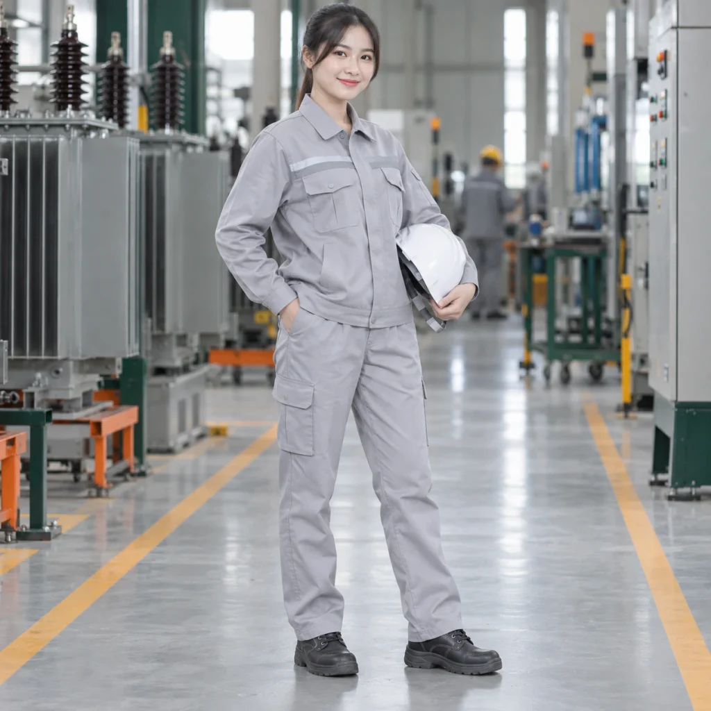 Quần áo điện lực vải cotton pha màu ghi sáng dài tay túi hộp